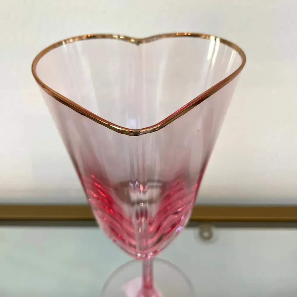 Pink Heart Shaped Wine Glasses with Gold Rim Valentines Day Set of 2 NEW